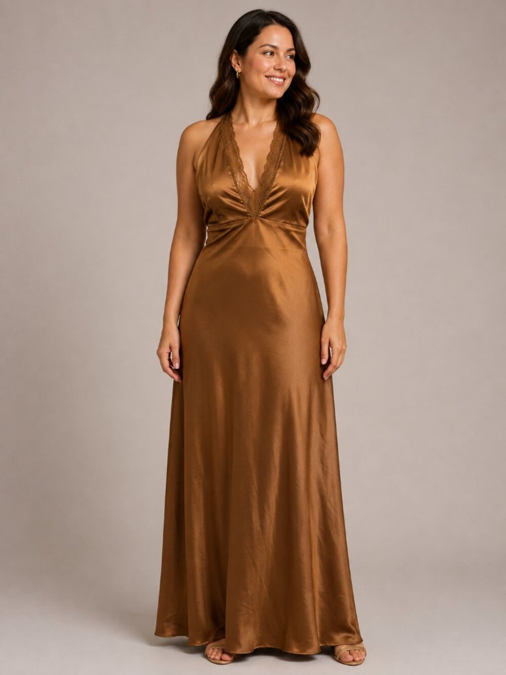 Petal + Pup XS Brown Satin Lace Halter Maxi Dress Open Back